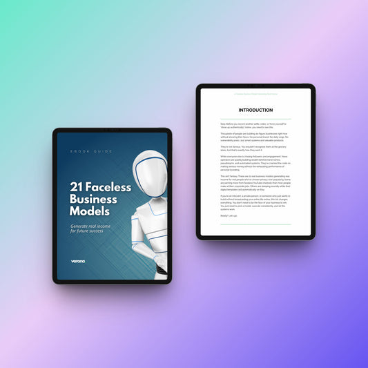 Two digital tablet mockups on a pastel gradient background. The left tablet shows a book or guide cover titled '21 Faceless Business Models' with a robot illustration, and the right tablet shows a document page titled 'INTRODUCTION'.