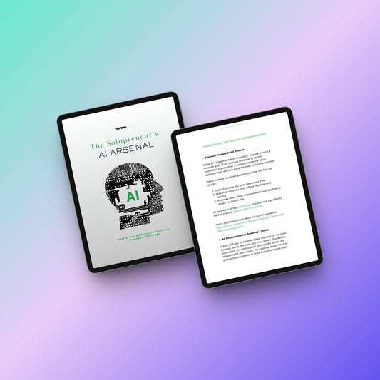 The Solopreneur's AI Arsenal: eBook product image. Verona Marketing Hub.