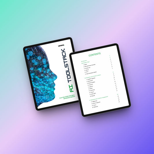 Two black tablet devices shown at an angle on a pastel gradient background. The left tablet displays a cover design with a blue glowing brain silhouette and the text 'AI TOOLSTACK' and 'wvms'.
