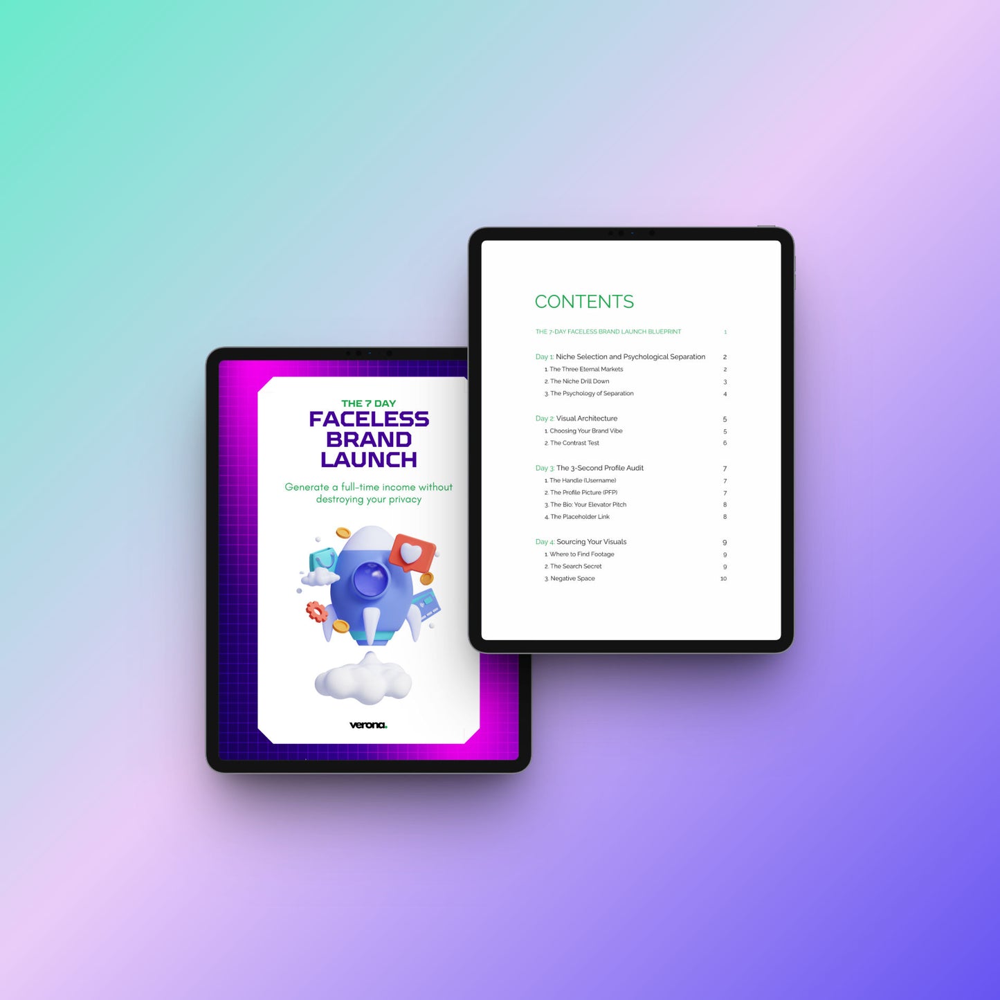 Two digital tablets on a soft pastel gradient background. The left tablet shows a colorful cover design reading 'The Faceless Brand Launch' with a rocket illustration, and the right tablet shows a contents page.