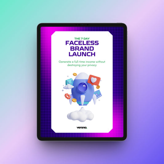 A digital promotional graphic displayed on a tablet screen, featuring the text 'THE 3 DAY FACELESS BRAND LAUNCH' and a rocket illustration with the brand name 'verona' at the bottom. The tablet is centered on a soft gradient background transitioning from teal to purple.