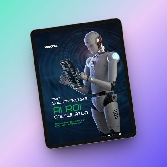 A tablet device displaying a cover for 'The Solopreneur's AI ROI Calculator' by Verona, featuring an illustration of a humanoid robot on a gradient purple and teal background.