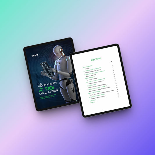 Two black tablet devices on a pastel gradient background. The left tablet shows a cover design for 'The AI Creator's AI ROI Calculator' with a humanoid robot illustration.