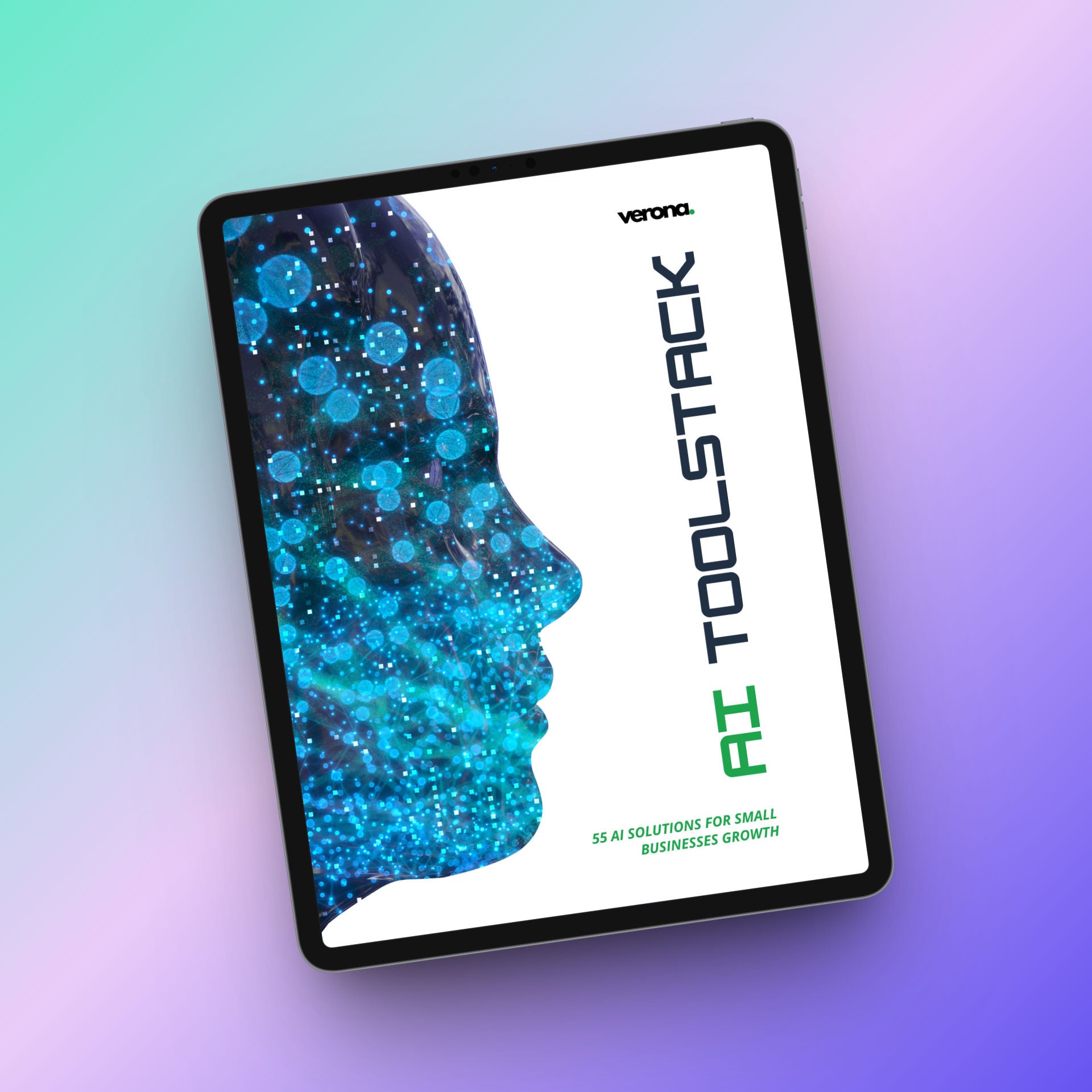 A tablet device angled on a pastel gradient background, displaying a cover design for a Verona AI Toolstack guide or ebook. The cover features a blue and black digital brain silhouette on the left and the title 'AI TOOLSTACK' in green and black on the right.