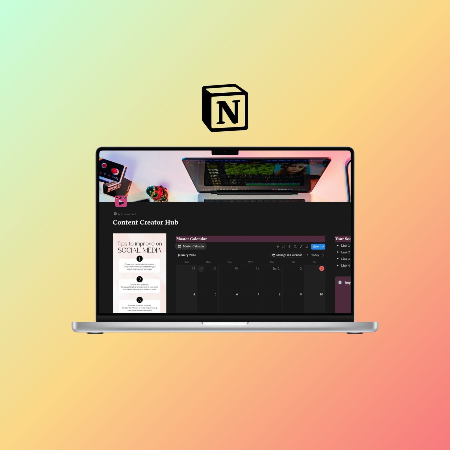 Content Creator Hub Notion Template: Image Thumbnail. Verona Marketing Hub.