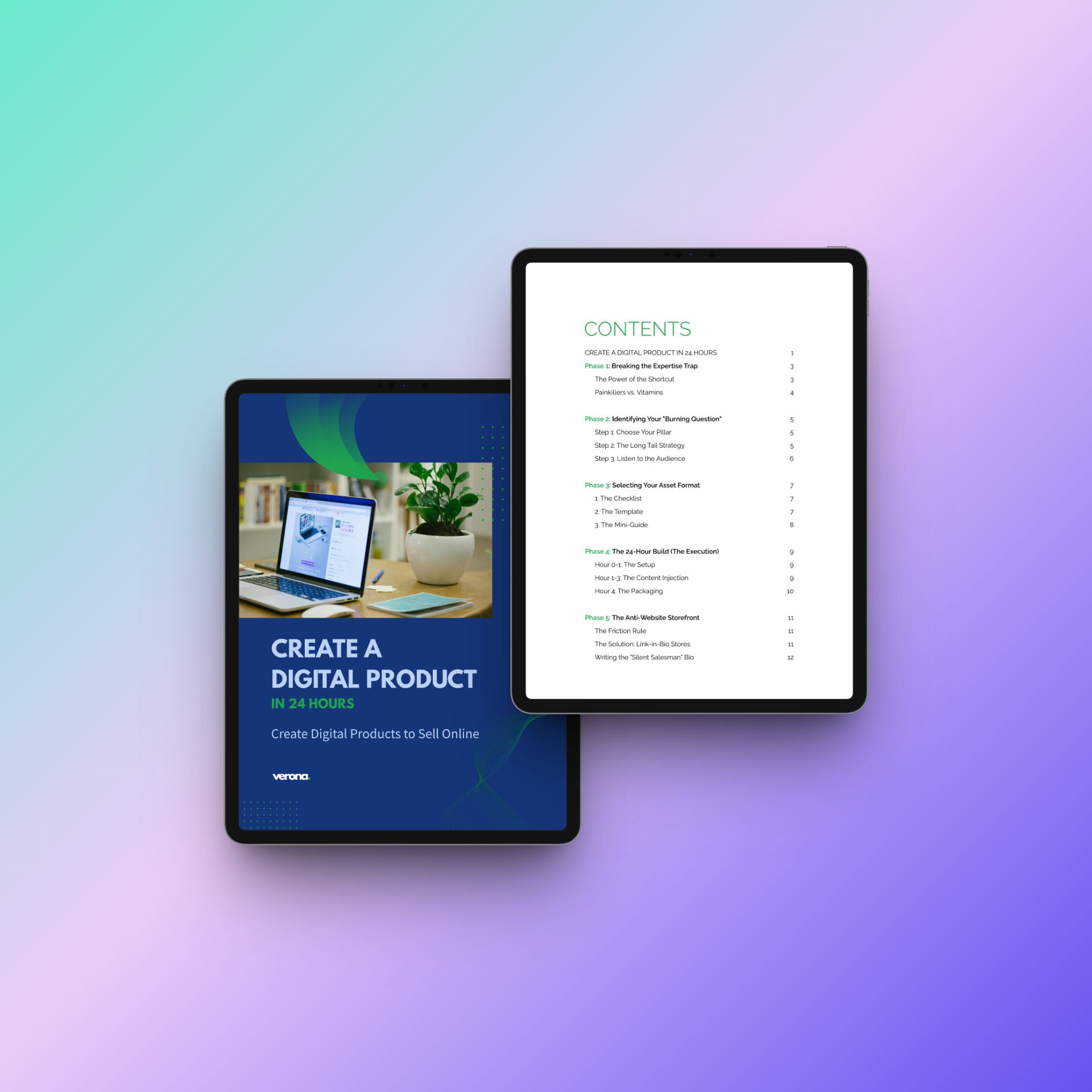 Two digital tablet mockups displaying a course or guide titled 'Create a Digital Product in 10 Steps' on a soft pastel gradient background.