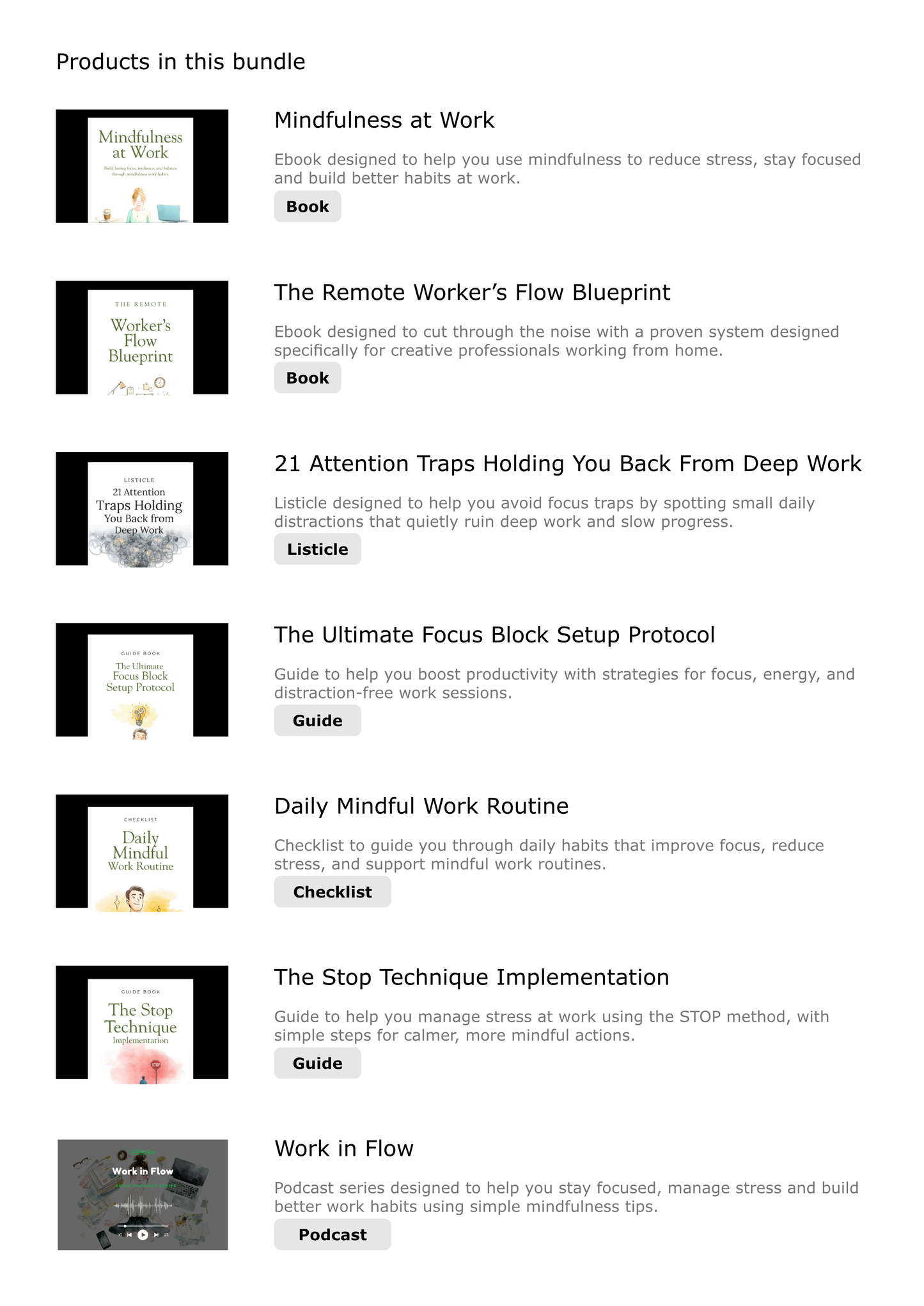 Mindfulness at Work Bundle Product List. Verona Marketing Hub